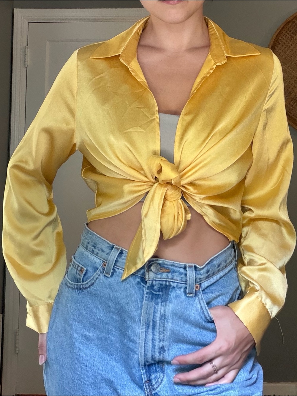 SHEIN Yellow Satin-Like Cropped Tie-Front Blouse